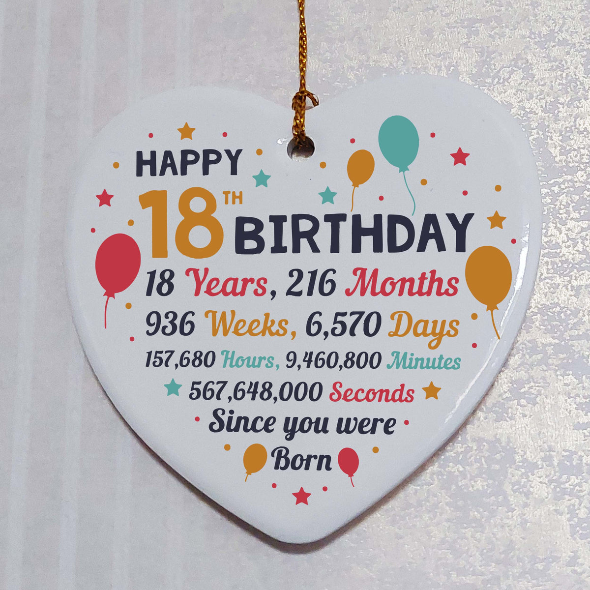 18th Birthday Statistics Ceramic Heart