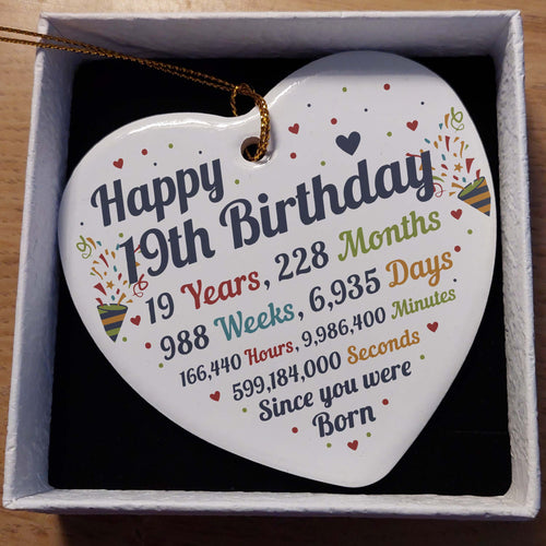 19th Birthday Statistics Ceramic Heart