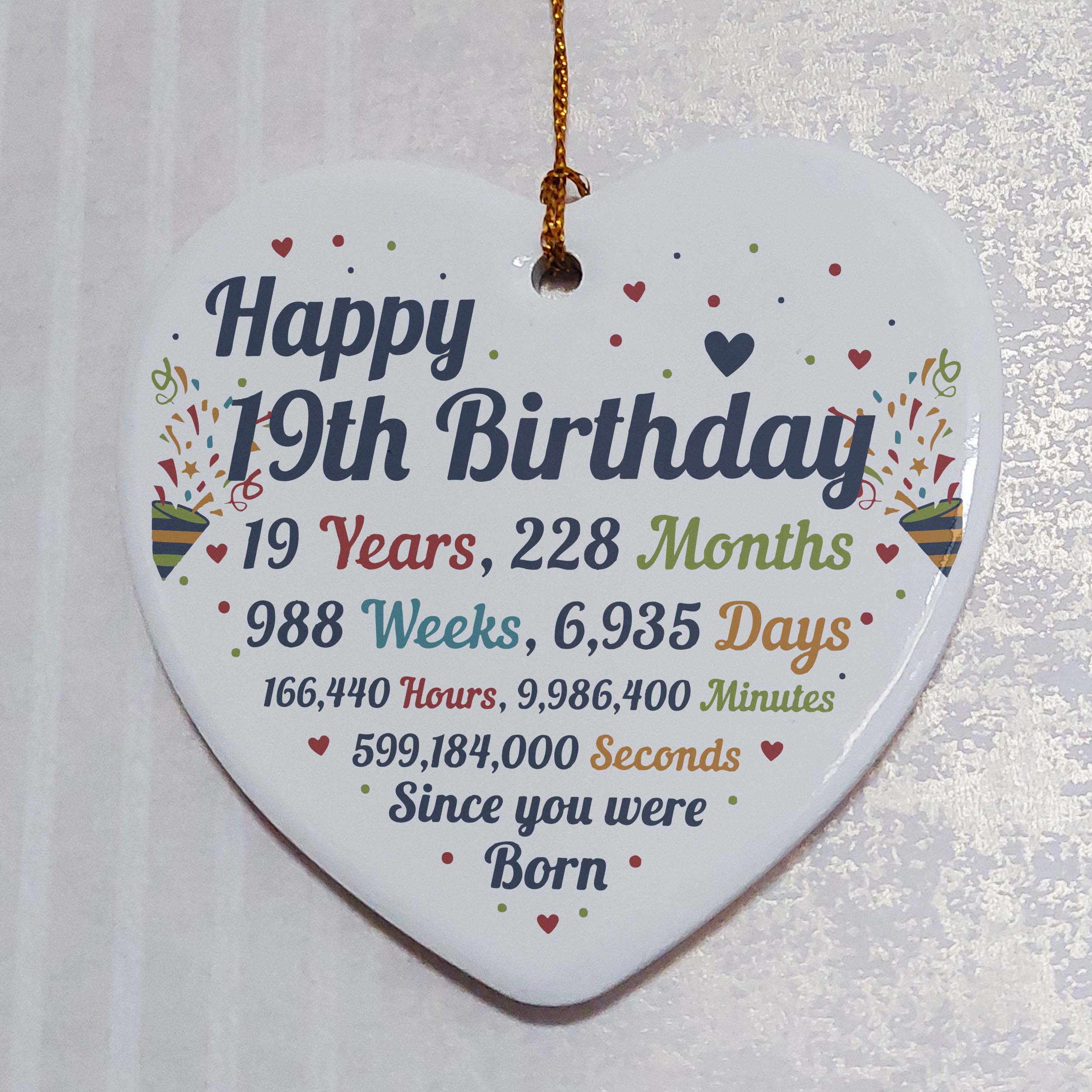 19th Birthday Statistics Ceramic Heart