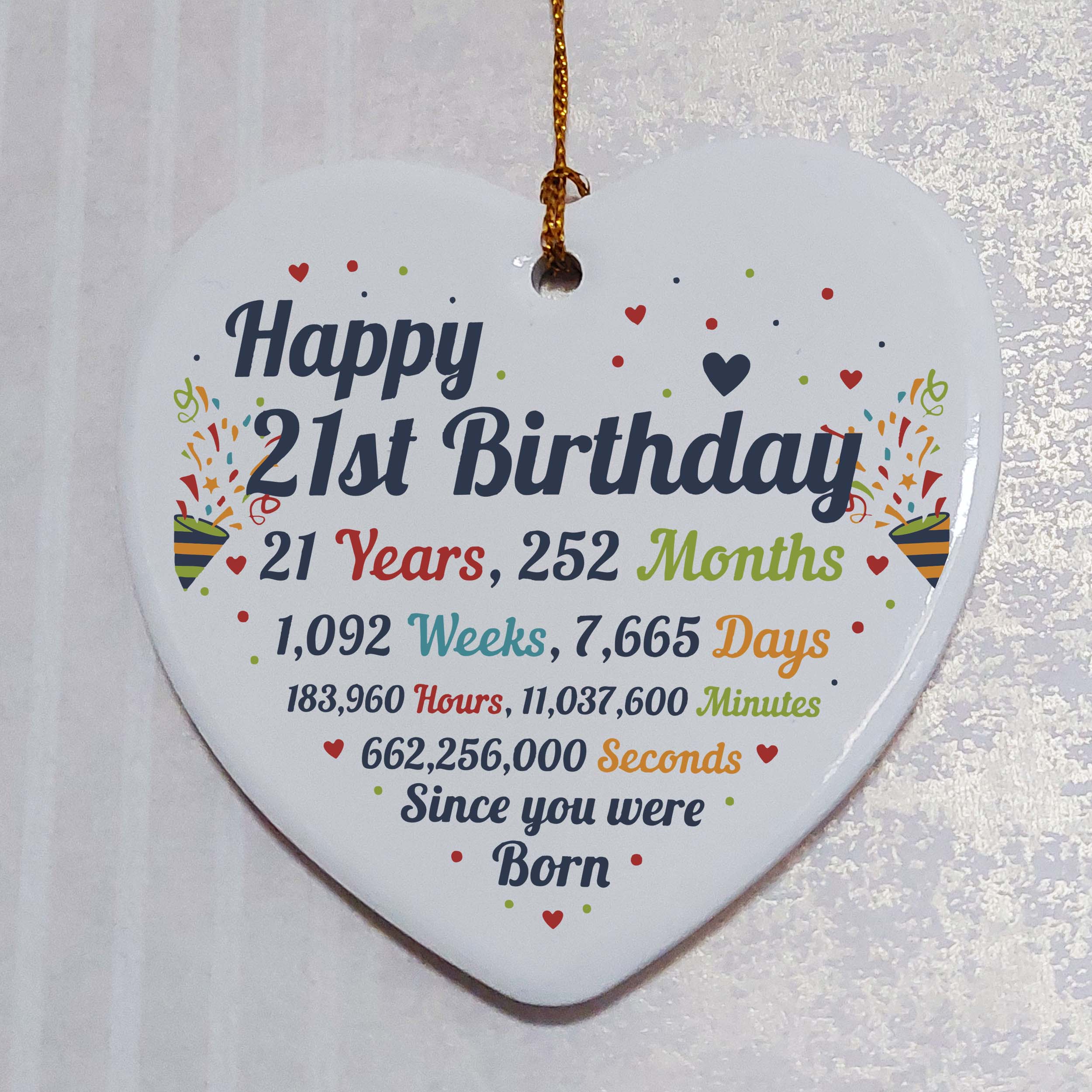 21st Birthday Statistics Ceramic Heart
