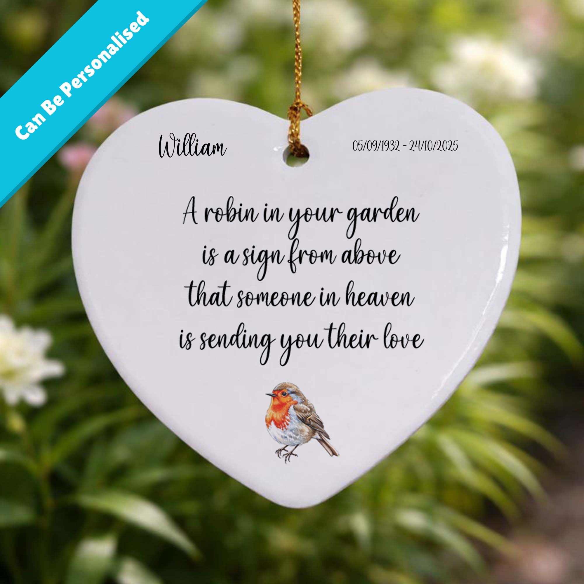 A Robin in Your Garden Memorial Ceramic Heart