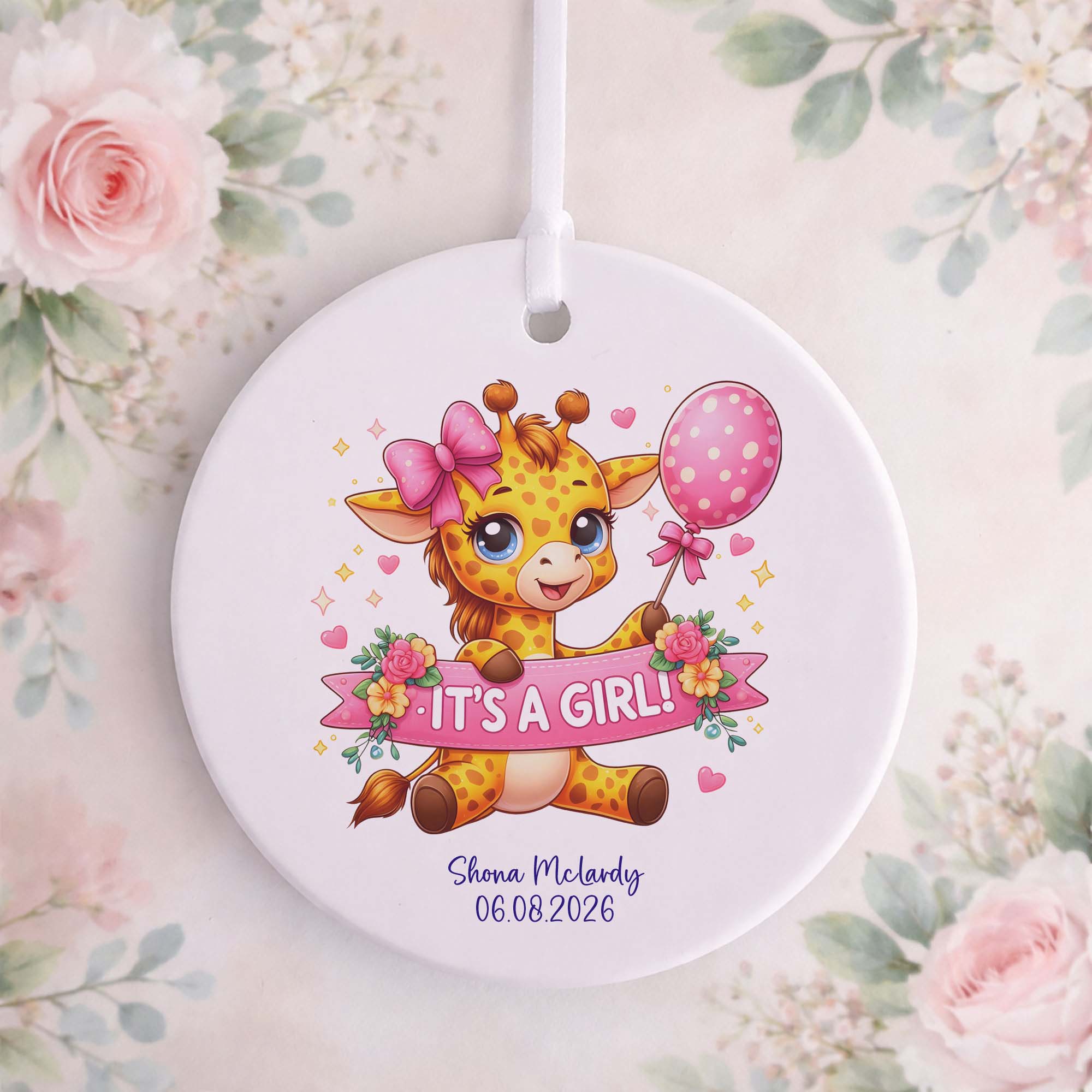 It's A Girl Baby Giraffe Ceramic Ornament