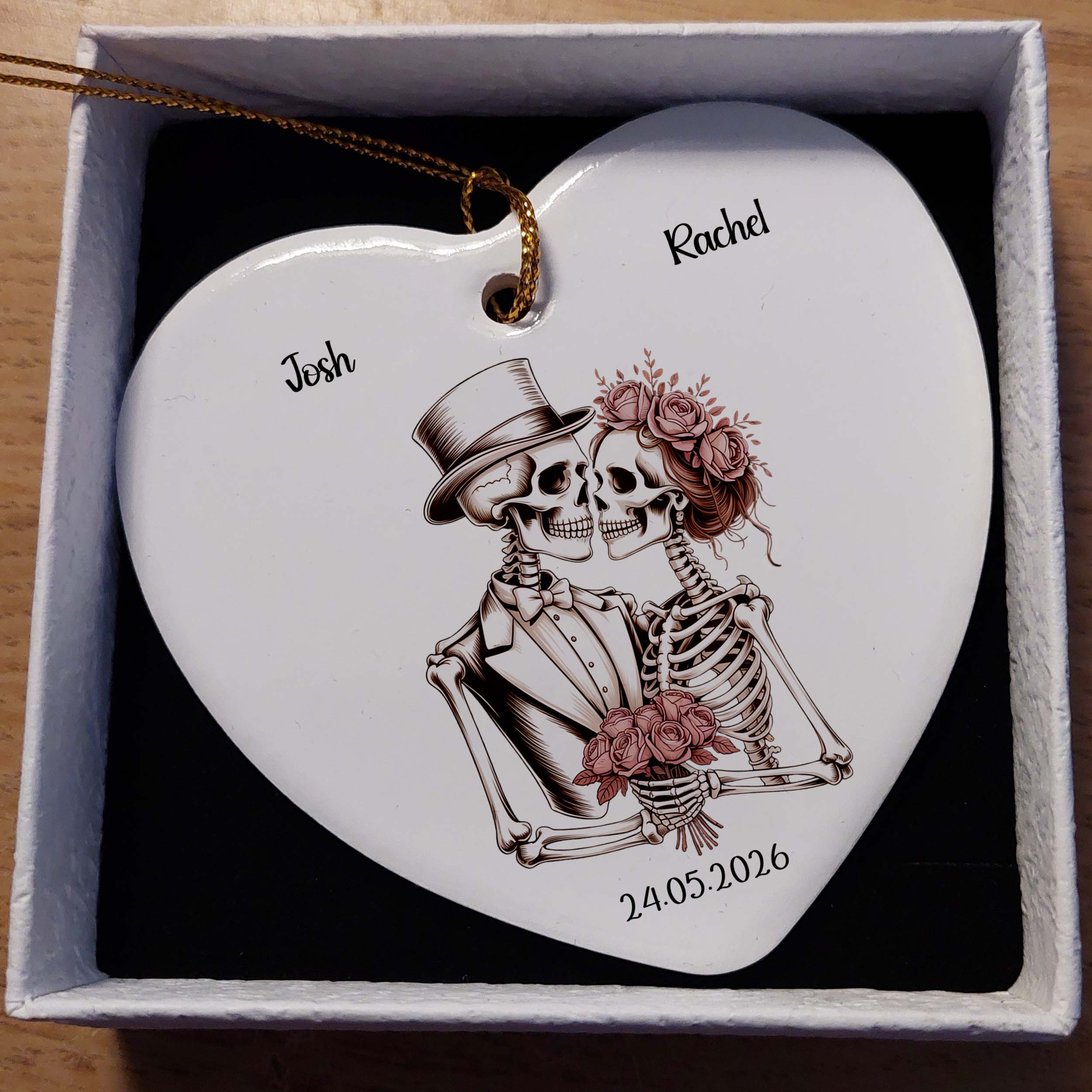 Skeleton Bride & Groom Ceramic Heart Keepsake