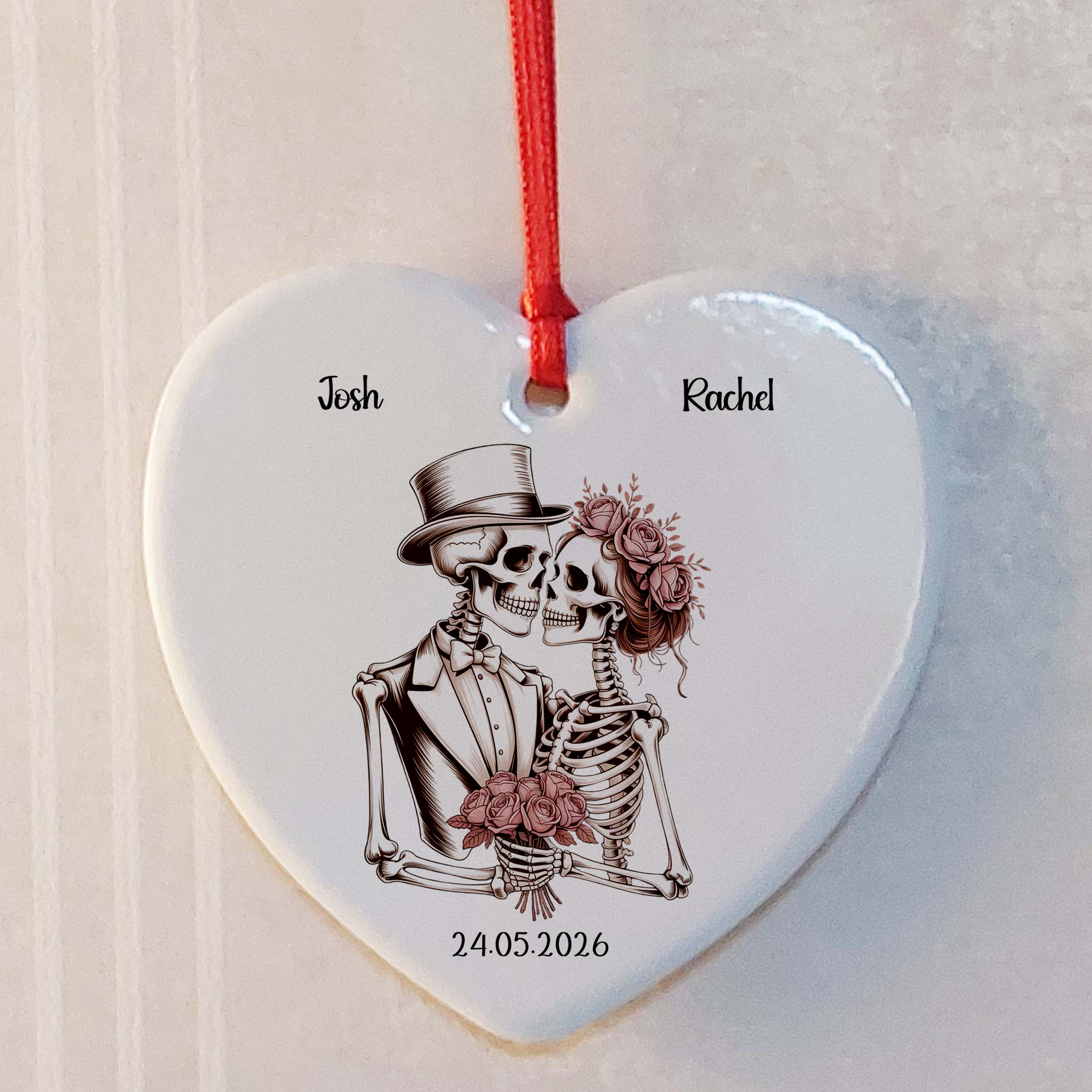 Skeleton Bride & Groom Ceramic Heart Keepsake